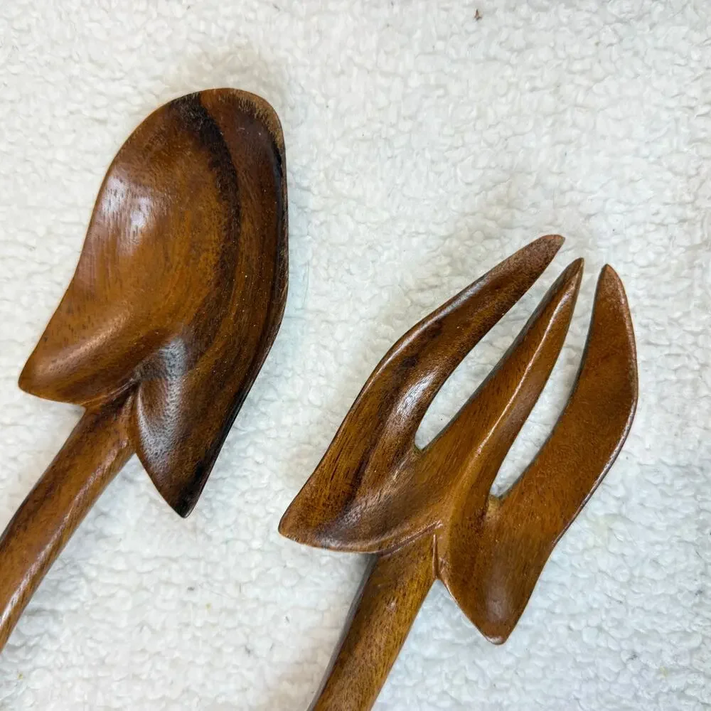 Vintage Monkey Pod Acacia Salad Tongs Curved Serving Spoon Fork Set Utensils